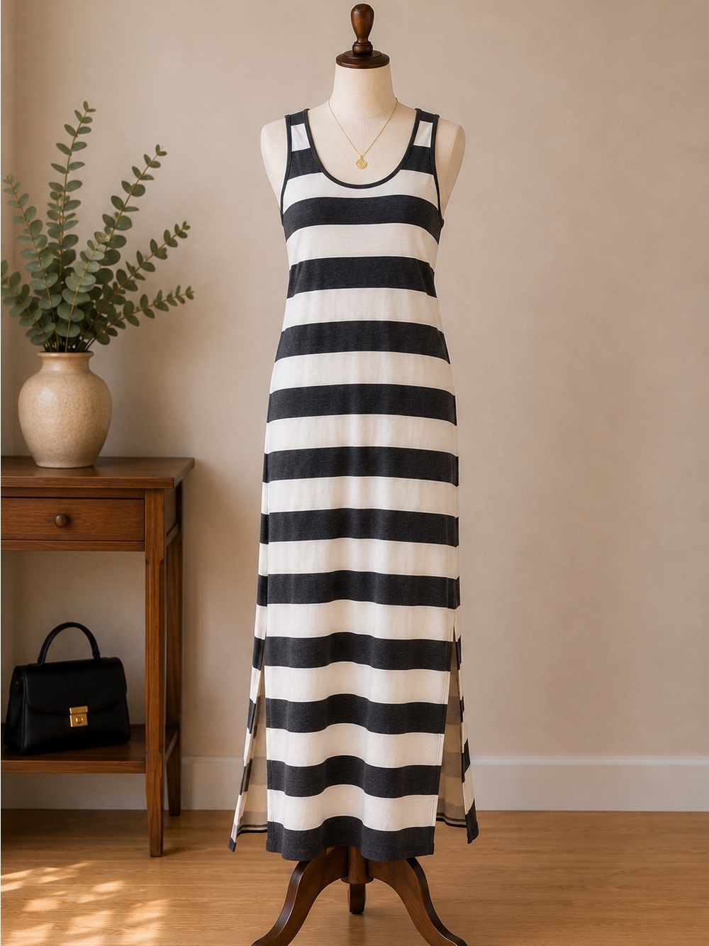 Michael Michael Kors Striped Maxi Dress White Gray Sleeveless Tank Size Small
